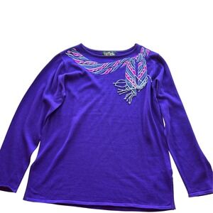 Vintage Bob Mackie Women Wearable Art Beaded Fringe Sweater Top Med Purple Artsy
